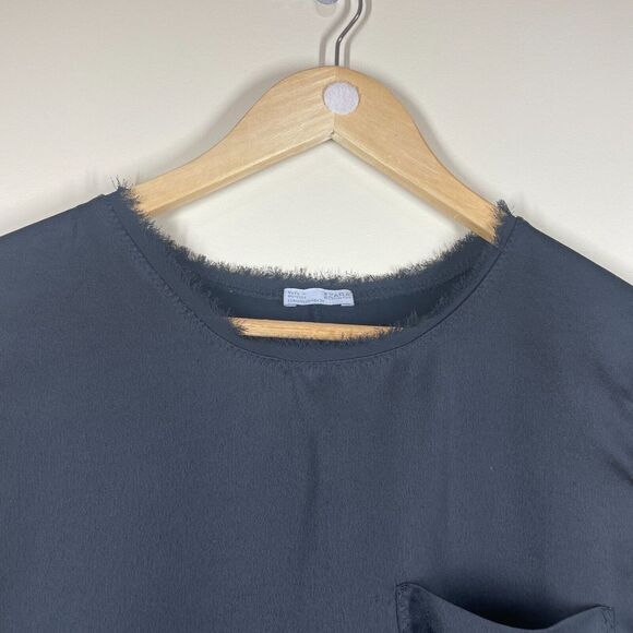 Zara Black Satin Short Sleeve Pocket Tee Size M Eyelash Hem Lightweight - Picture 5 of 11
